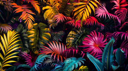 a colorful jungle scene with many different colored leaves and flowers