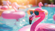 A flamingo wearing sunglasses is floating in a pool of pink inflatable floats