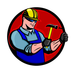 Round icon of worker builder with hammer on white background.