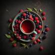 Top view of cup of tea with forest berries