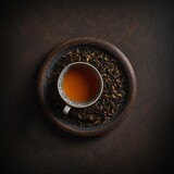 Fototapeta Paryż - Top view of cup of black tea on a brown table