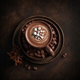 Fototapeta Paryż - Top view of hot cocoa with chocolate on a dark background