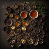 Fototapeta Paryż - Top view of many different types of tea in cups and bowls