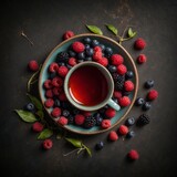 Fototapeta Paryż - Top view of cup of tea with forest berries