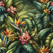 Egzotyczna tapeta, w kwiaty i liście motyw roślinny, dekoracja generative ai