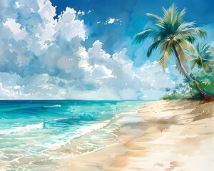 Wall Mural - Watercolor Painting of Turquoise Ocean and Sandy Beach