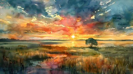 Canvas Print - Watercolor Sunset Over To provide a beautiful and calming piece of wall art featuring a sunset