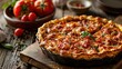 A delectable Chicago-style pizza pot pie, freshly baked with a golden crust, served on a rustic wooden table surrounded by fresh ingredients.