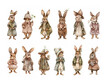 © annettbro - Set with vintage wearing rabbits in watercolor. Cute easter bunny in sepia pastel colors isolated on white.