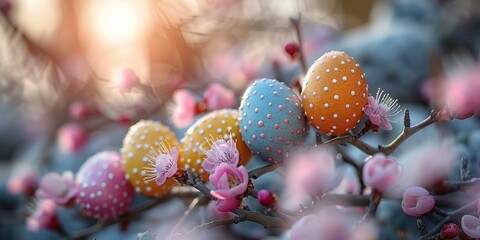 Wall Mural - Celebrate Easter: Colorful eggs set among spring flowers symbolize renewal and joy.