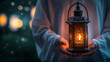 Mann mit arabische Laterne mit brennender Kerze und schönem Hintergrund beim Ramadan Islam Nahaufnahme, ai generativ