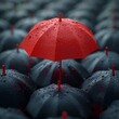 Leader in the Crowd Concept, Bulu, Red Umbrella Sneaks Up Against the Flow of Black Umbrellas. Beautiful 3d Animation, 4K. Made with generative ai

