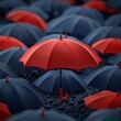 Leader in the Crowd Concept, Bulu, Red Umbrella Sneaks Up Against the Flow of Black Umbrellas. Beautiful 3d Animation, 4K. Made with generative ai
