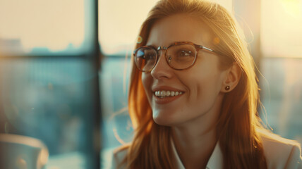 Sticker - Woman basks in golden sunlight, her joyous smile framed by round glasses.