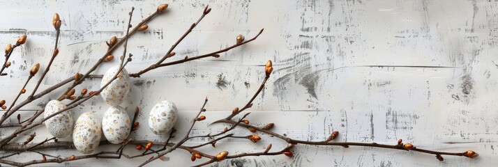 Wall Mural - Flat lay Easter composition. Easter card with willow branch and colorful eggs on a wooden background. Space for text. Banner