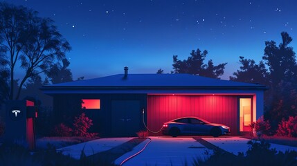 Wall Mural - A contemporary cottage's wallbox is used to charge an electric automobile at night.