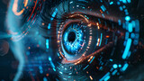 Fototapeta Przestrzenne - Abstract technology background with high tech circles. 3d rendering toned image double exposure,Image of human eye in process of scanning. Mixed media
