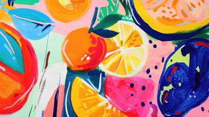 Poster - Abstract background with fruits in minimalistic flat hand drawn naive style. Simple tropical summer banner, trendy stylish fashion print, poster