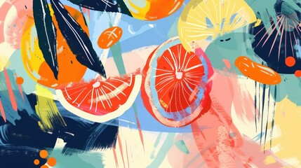 Abstract background with fruits in minimalistic flat hand drawn naive style. Simple tropical summer banner, trendy stylish fashion print, poster