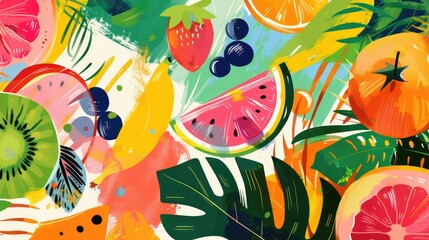 Poster - Abstract background with fruits in minimalistic flat hand drawn naive style. Simple tropical summer banner, trendy stylish fashion print, poster