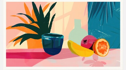 Poster - Abstract background with fruits in minimalistic flat hand drawn naive style. Simple tropical summer banner, trendy stylish fashion print, poster