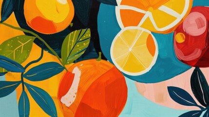 Poster - Abstract background with fruits in minimalistic flat hand drawn naive style. Simple tropical summer banner, trendy stylish fashion print, poster