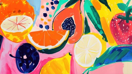 Poster - Abstract background with fruits in minimalistic flat hand drawn naive style. Simple tropical summer banner, trendy stylish fashion print, poster