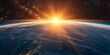 Weltkugel auf dunklen Hintergrund vom Weltall mit aufgehender Sonne als Nahaufnahme im Querformat für Banner, ai generativ