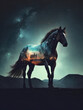 Double exposure of a horse blending with starry night sky