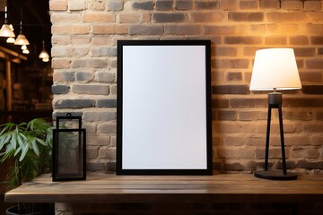 Mockup blank frame on wooden table with lamp and plant on brick wall background