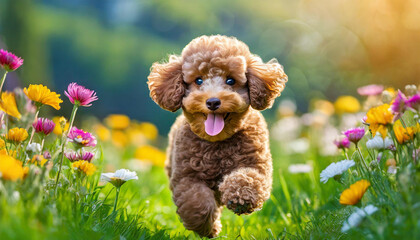 Poster - A dog poodle puppy with a happy face runs through the colorful lush spring green grass