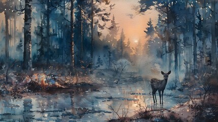 Canvas Print - Golden Hour Deer in Watercolor Forest, To provide a beautiful and dreamy