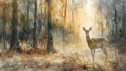 Wall Mural - Golden Hour Deer in Watercolor Forest, To provide a beautiful and dreamy