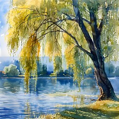 Wall Mural - Willow Tree by the Lake Watercolor Painting, The purpose of this artwork is to capture the beauty and tranquility of nature, showcasing the subtlety