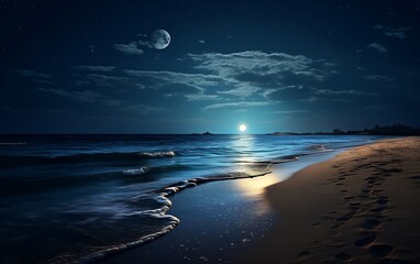 Wall Mural - beautiful seascape at night with a full moon in the sky