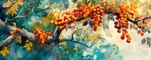 Vibrant Watercolor Painting Of Orange Berries On A Tamarind Tree Branch In Autumn, To Provide A Unique And Colorful Work Of Art Featuring Orange
