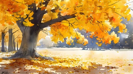 Wall Mural - Ginkgo Tree in Autumn Watercolor Painting, To provide a visually striking and emotionally resonant piece of art that showcases the beauty of nature,