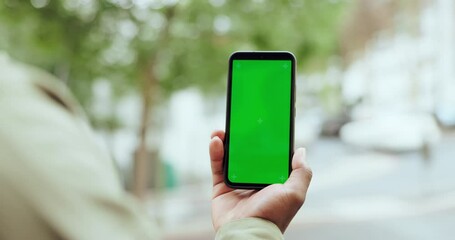 Poster - green screen, phone and hands in a city for travel, search or direction, navigation or online map. s