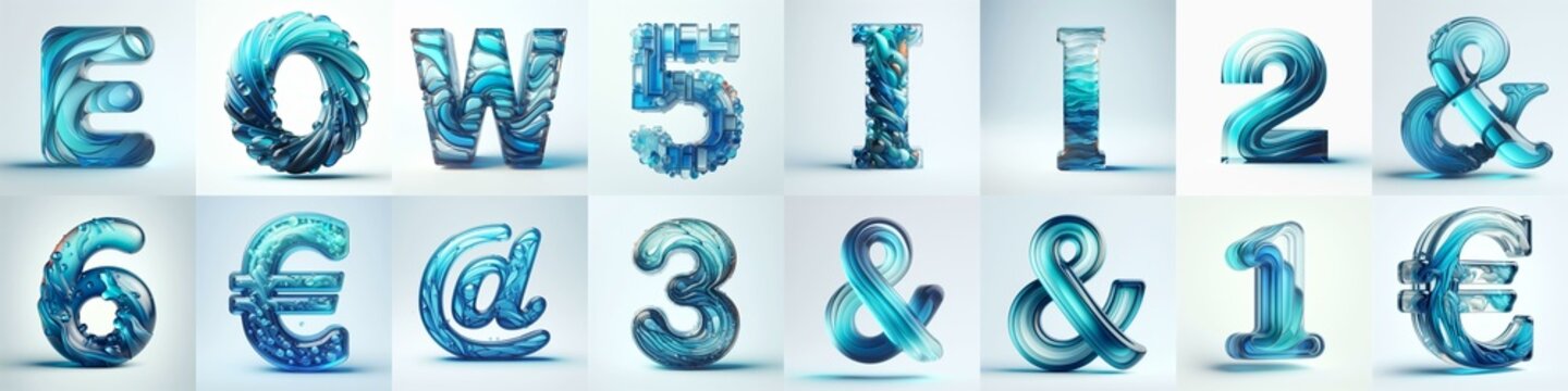 Azure glass 3D Lettering Typeface. AI generated illustration