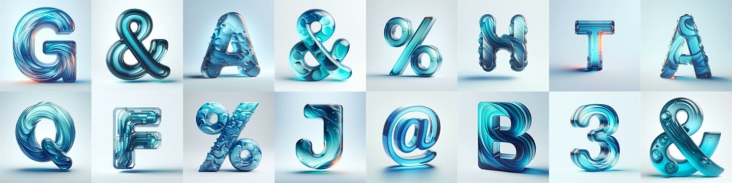Azure glass 3D Lettering Typeface. AI generated illustration