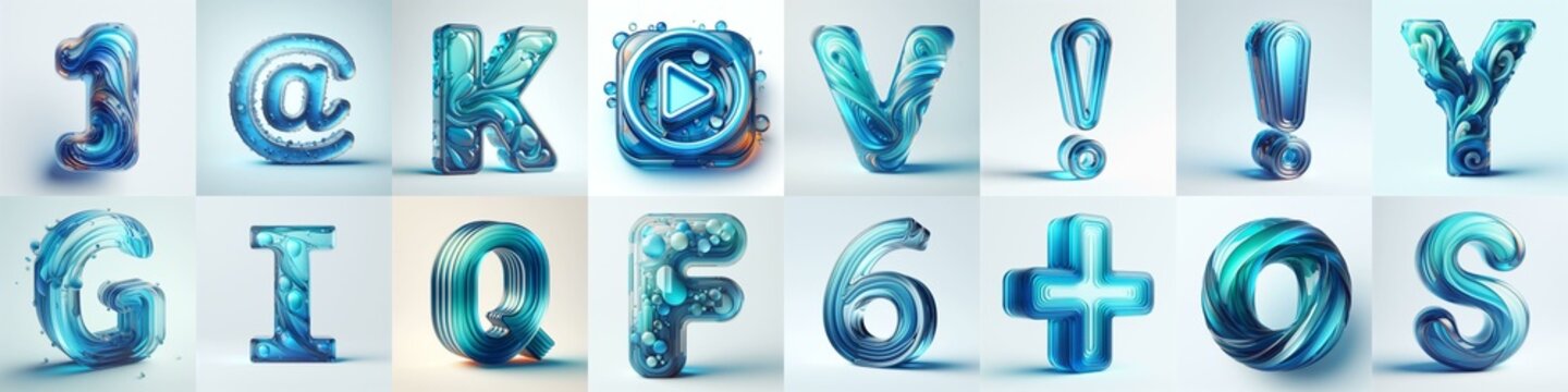 Azure glass 3D Lettering Typeface. AI generated illustration