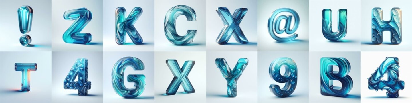 Azure glass 3D Lettering Typeface. AI generated illustration