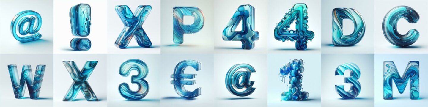 Azure glass 3D Lettering Typeface. AI generated illustration