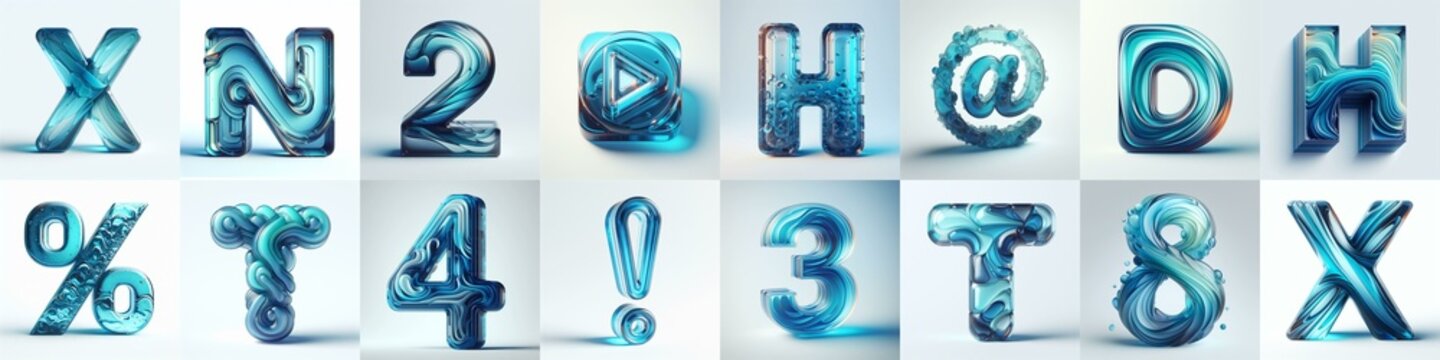 Azure glass 3D Lettering Typeface. AI generated illustration
