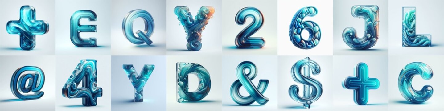 Azure glass 3D Lettering Typeface. AI generated illustration