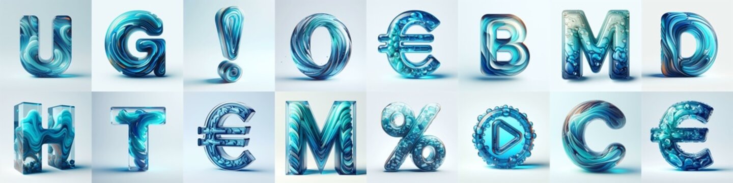 Azure glass 3D Lettering Typeface. AI generated illustration