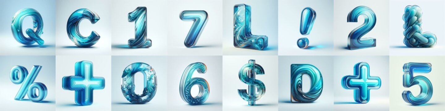 Azure glass 3D Lettering Typeface. AI generated illustration