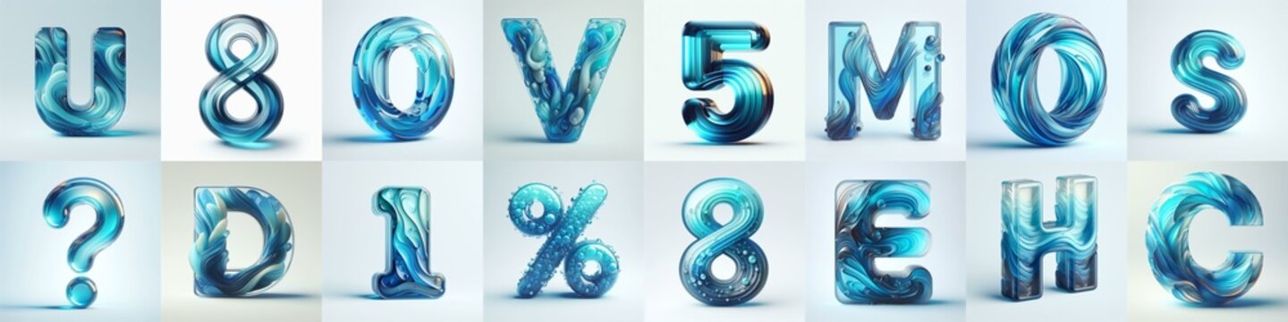 Azure glass 3D Lettering Typeface. AI generated illustration