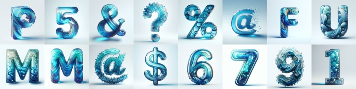 Azure glass 3D Lettering Typeface. AI generated illustration