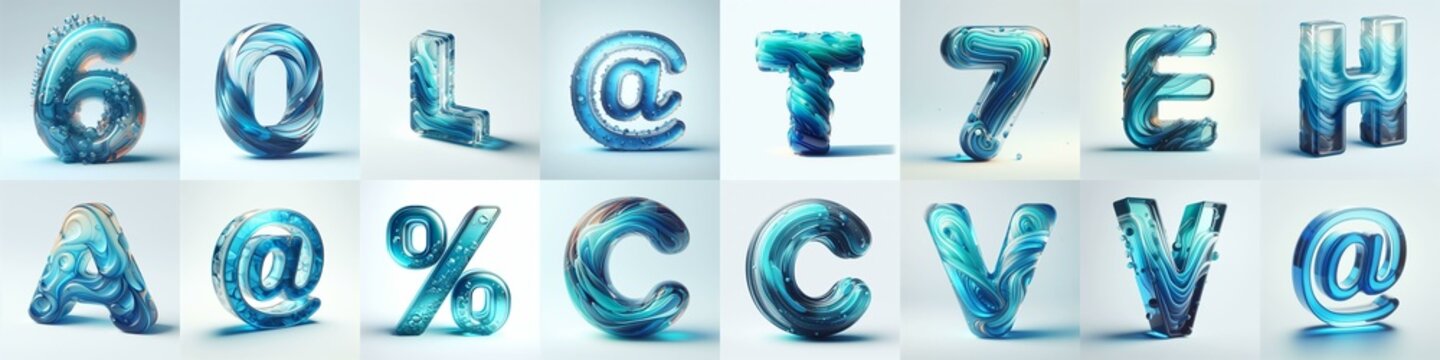 Azure glass 3D Lettering Typeface. AI generated illustration